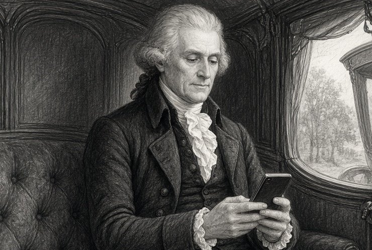A pencil-style drawing of Thomas Jefferson in a carriage, reading news on a smartphone.